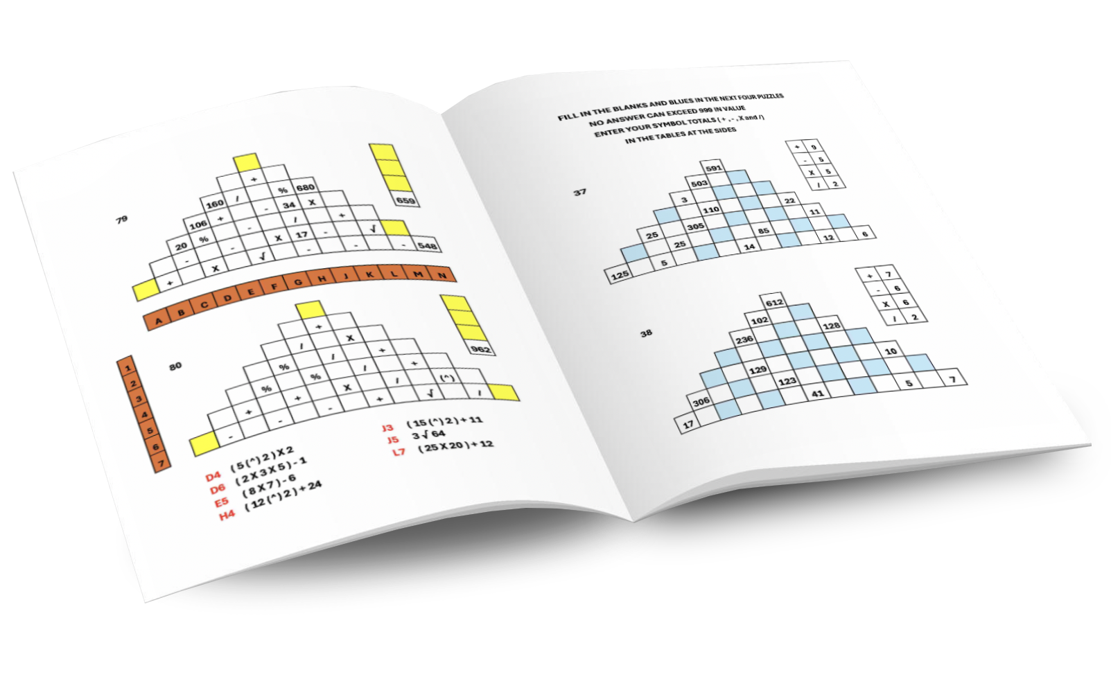 Pyrimati booklet opened showing pyramid puzzles in progress